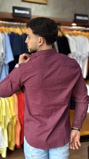 CAMISA MANGA LONGA SLIM SIBRA XADEZ (VINHO) - Imagem 2