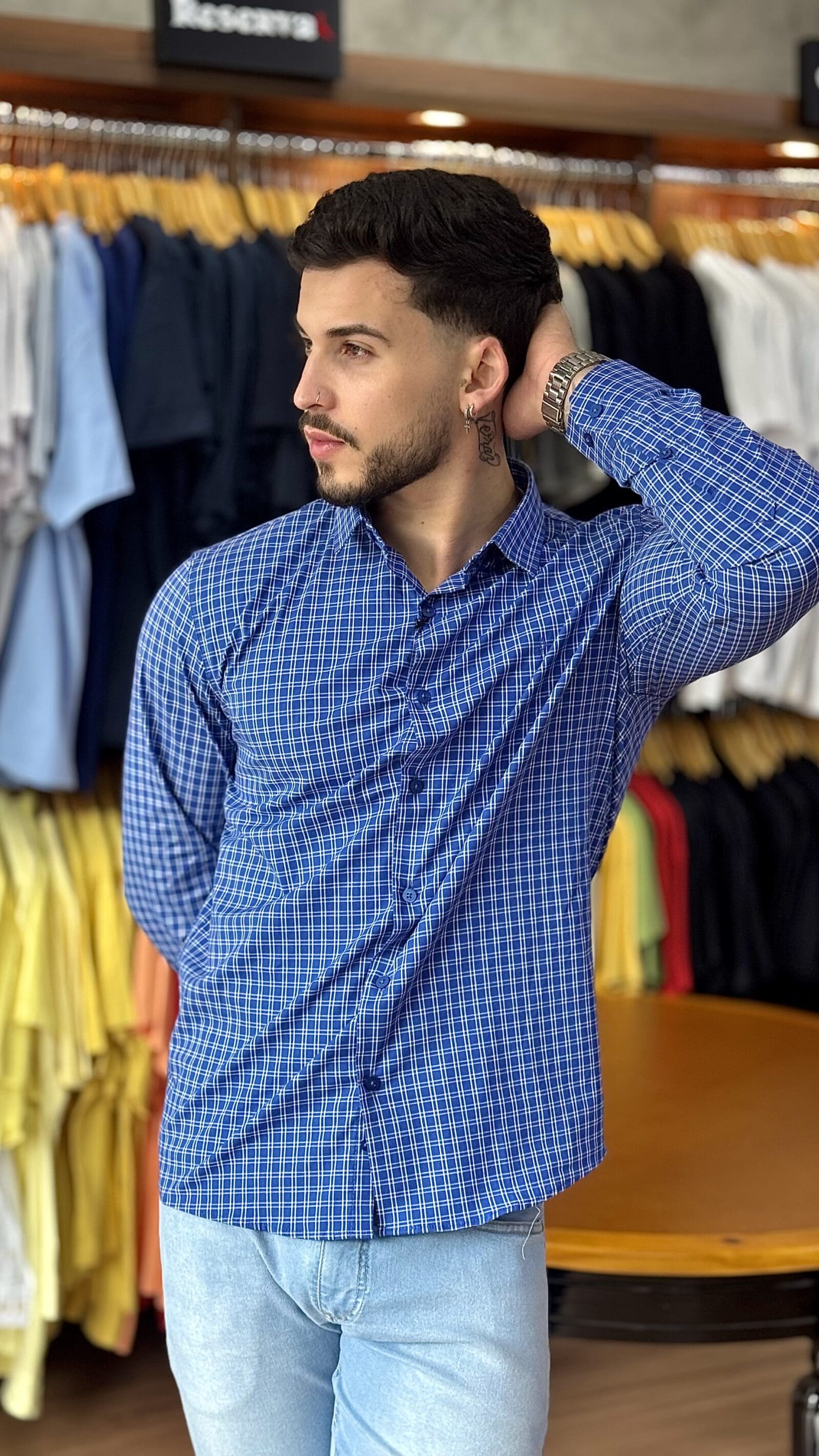 CAMISA MANGA LONGA SLIM SIBRA XADREZ (ATLANTICO)