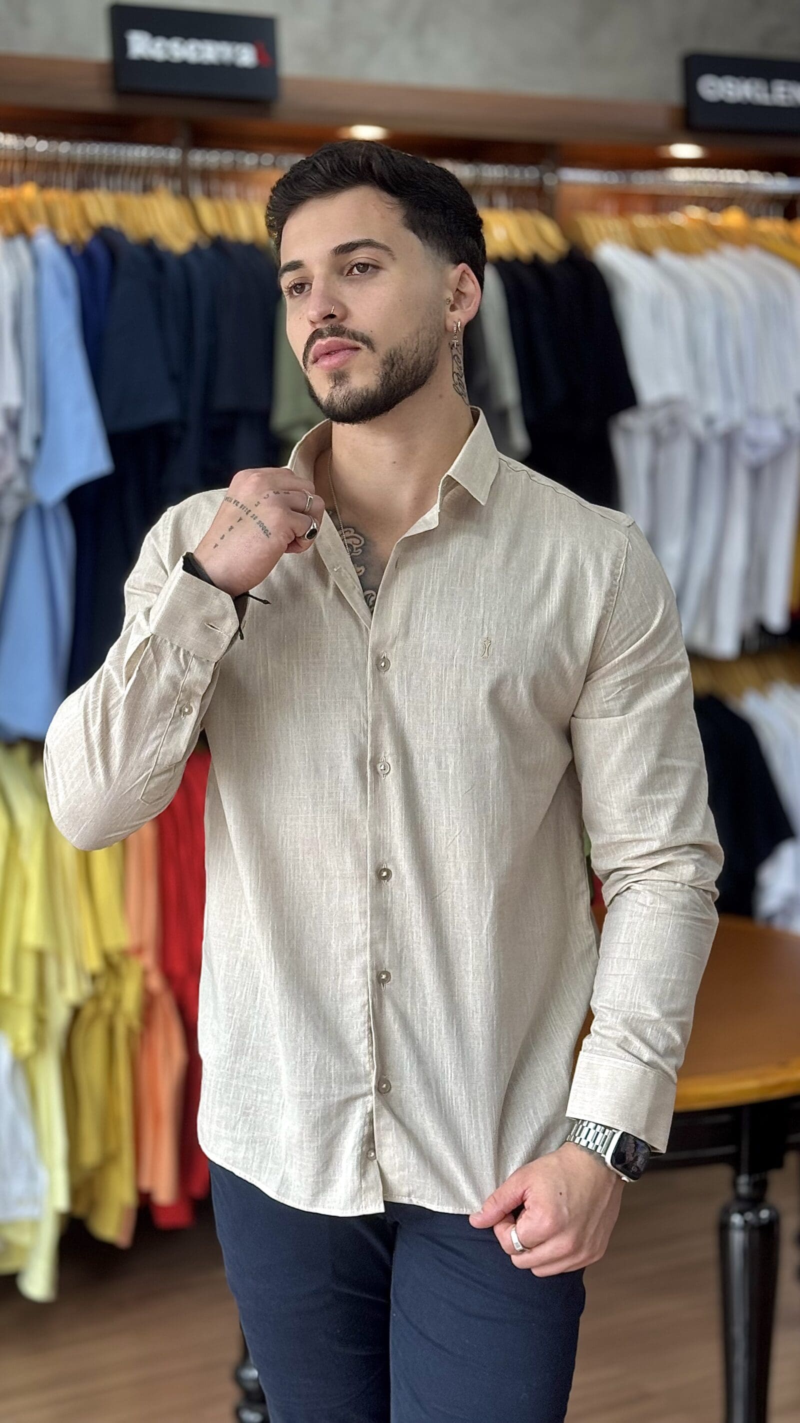 CAMISA MANGA LONGA SLIM SIBRA (PÉROLA)