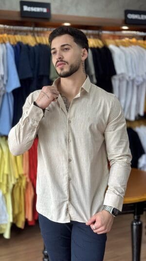 CAMISA MANGA LONGA SLIM SIBRA (PÉROLA)