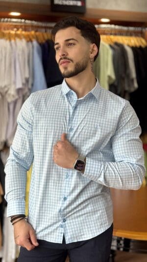 CAMISA MANGA LONGA SLIM SIBRA XADREZ (AZUL CLARO)